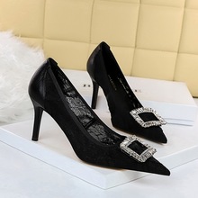 268-1 in Europe and the sexy club high heel with mesh lace hollow-out the shallow mouth pointed metal diamond single shoe buckle
