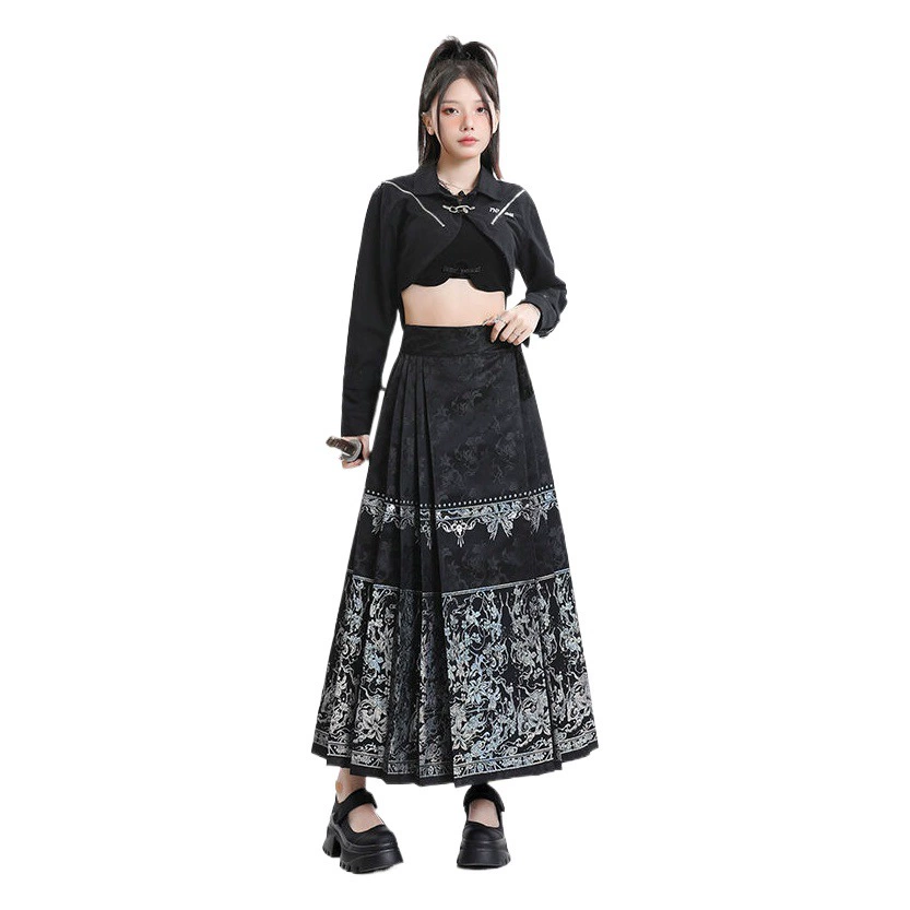 Оранжевая шелковая женская одежда # Улучшенная ханьфу в национальном стиле для маленьких людей, повседневная пригородная юбка с вышивкой в виде лошади, осень и зима, шесть пар длинных плиссированных юбок