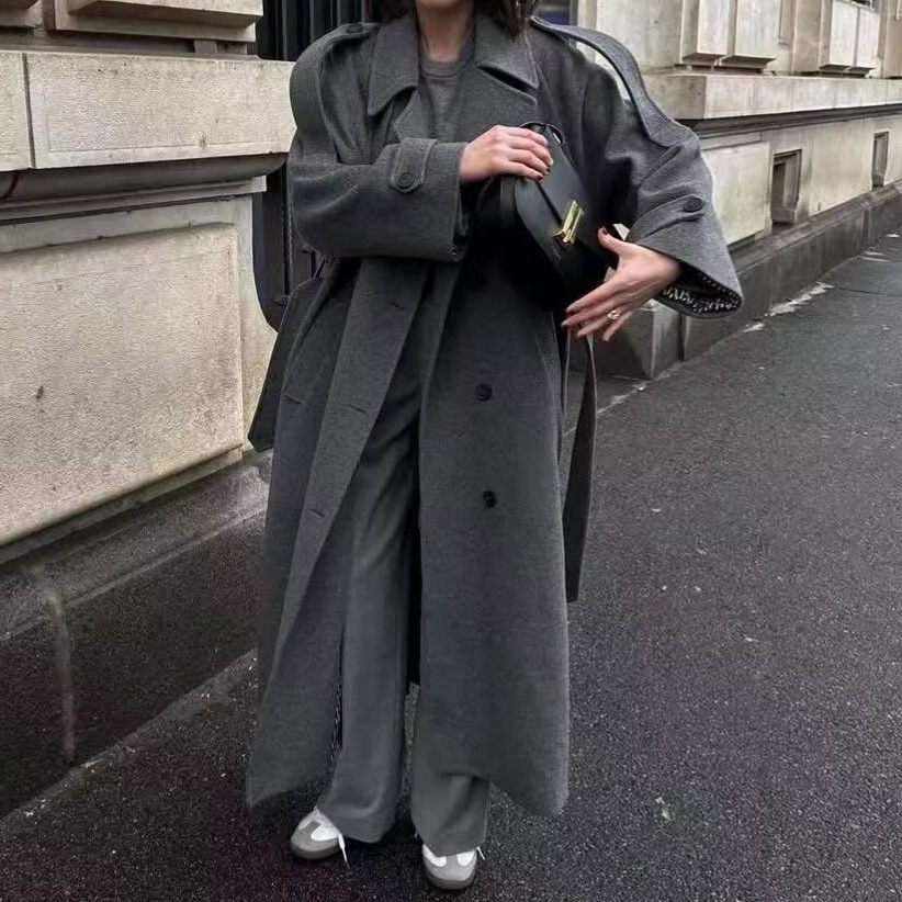 高级感翻领双排扣毛呢外套女2025秋季新款气质中长款宽松风衣外套