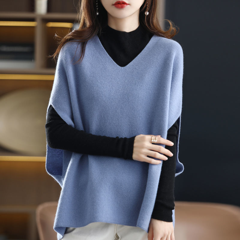 Otoño e invierno nuevo chaleco de talla grande con cuello en v manga batwing color sólido todo partido sin mangas suelto chaleco de mujer de punto exterior image 10