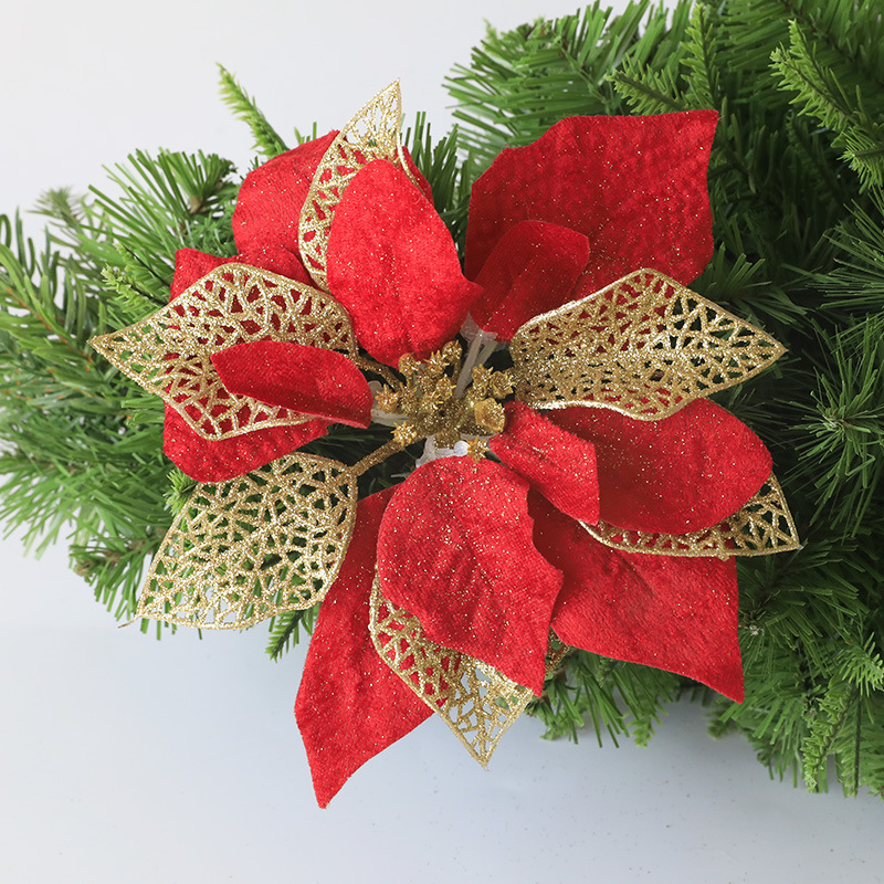 婷芷新款圣诞花植绒镂空花 圣诞树花环装饰仿真花假花圣诞装饰品|ru