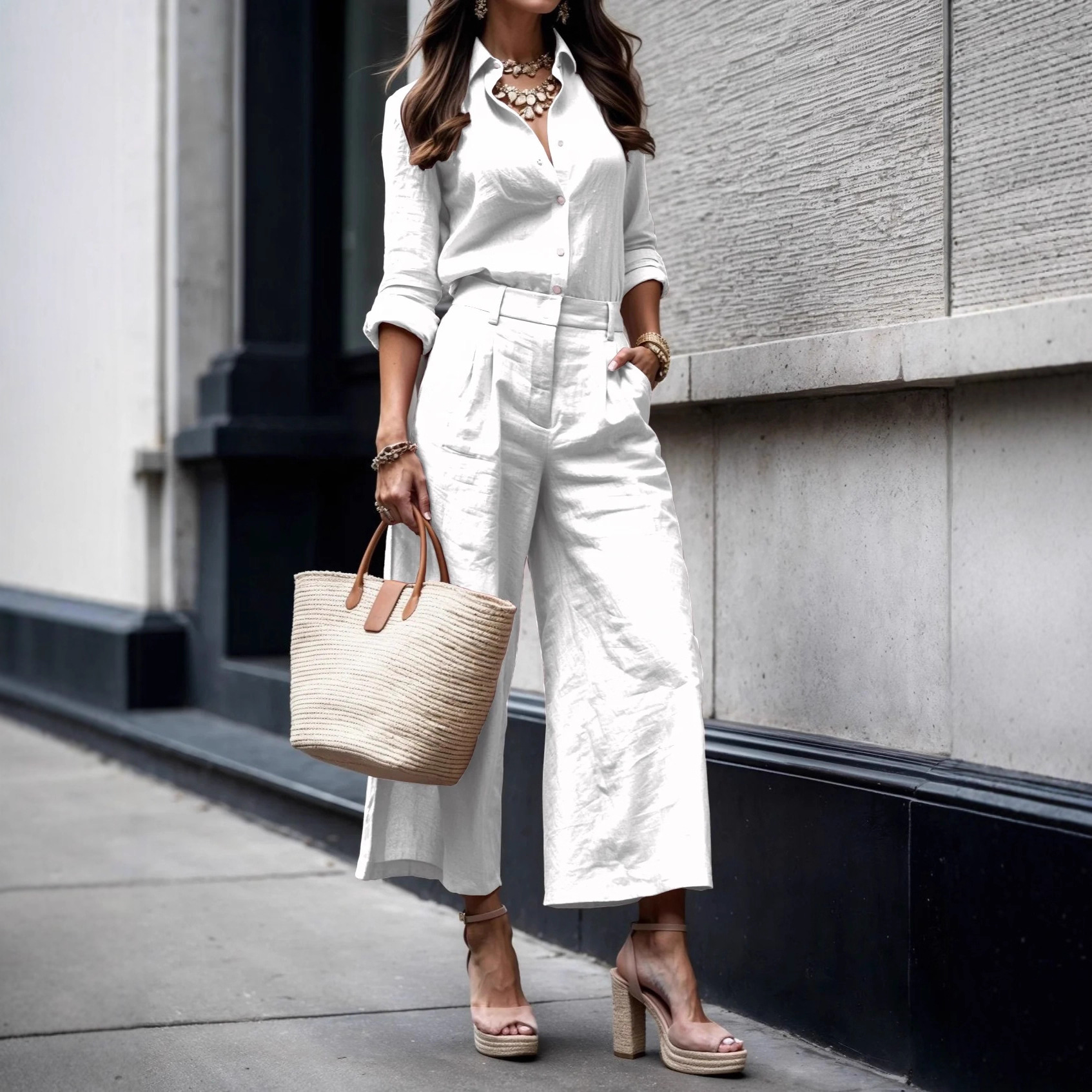 2025 European and American Clothing Amazon Independent Station Long-Sleeved Pure Color Button Cardigan Shirt + Pants Two-Piece Suit