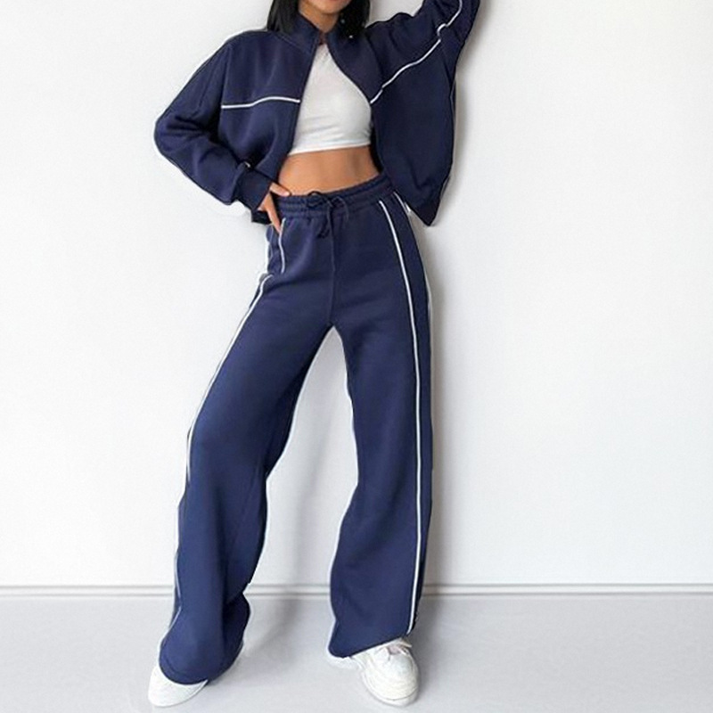 2025 New Cross-Border European and American Amazon Casual Suit Long-Sleeved Half Turtleneck Cardigan Sweatshirt Lace-Up Striped Pants