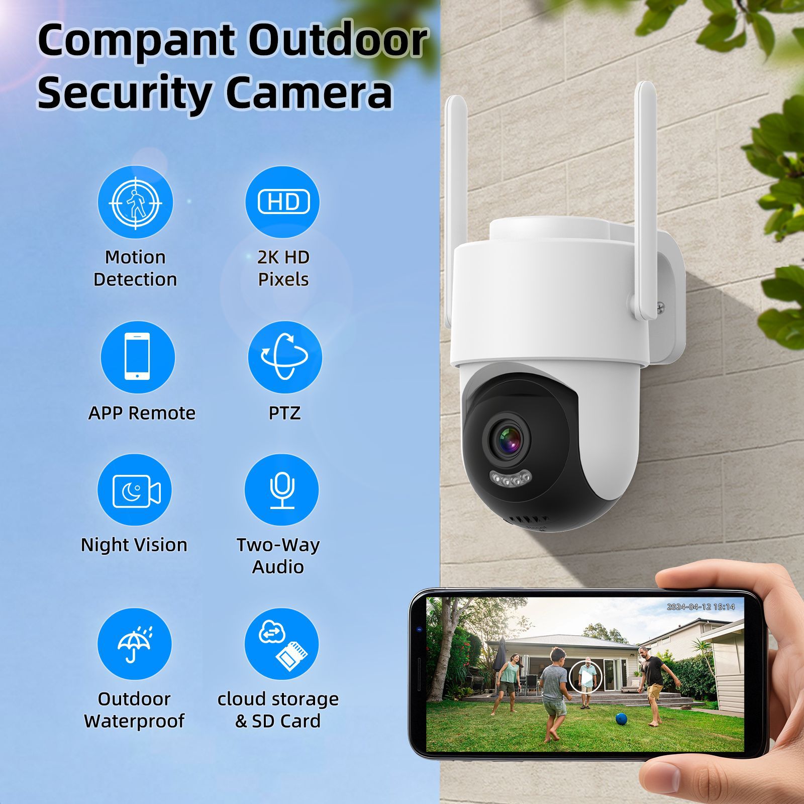 Cámara de Seguridad PTZ Inalámbrica 1.2 pulgadas de ABS Impermeable con Visión Nocturna HD para Interiores y Exteriores image 3