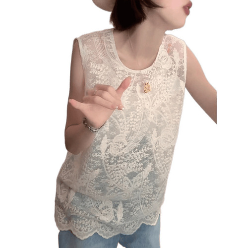 Summer new style French gentle round collar sleeveless embroidered lace shirt for women, folding loose casual top