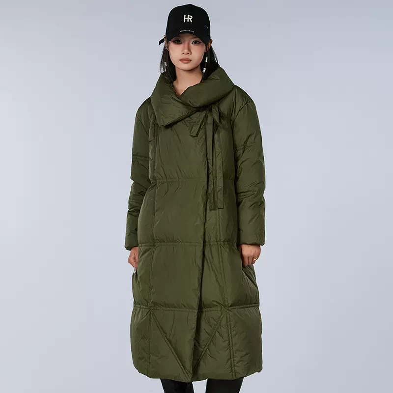 羽绒服定制logo欧美90白鸭绒时尚翻领防寒保暖女士长款轻薄羽绒服