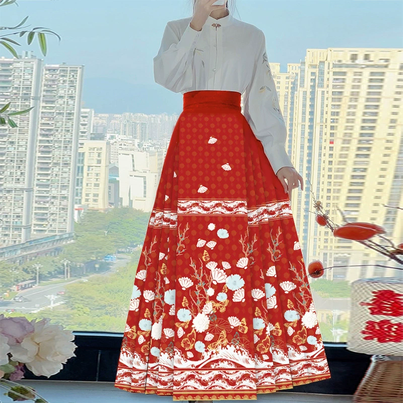 Женский костюм с юбкой на конском листе, новая юбка-шинуазри, плиссированная юбка на весну и осень, драпировка и элитный [местория с цветочной веткой-бабочкой]