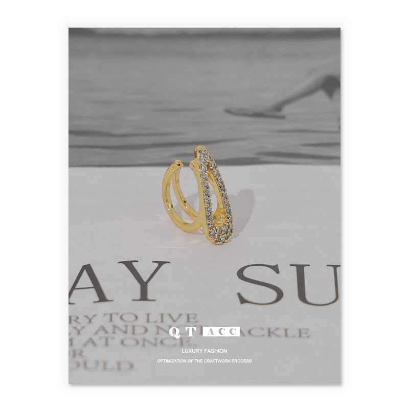 Latón chapado 18K oro real europeo y americano ins estilo minimalista versátil temperamento retro ZIRCON con incrustaciones oído hueso clip pendientes para las mujeres