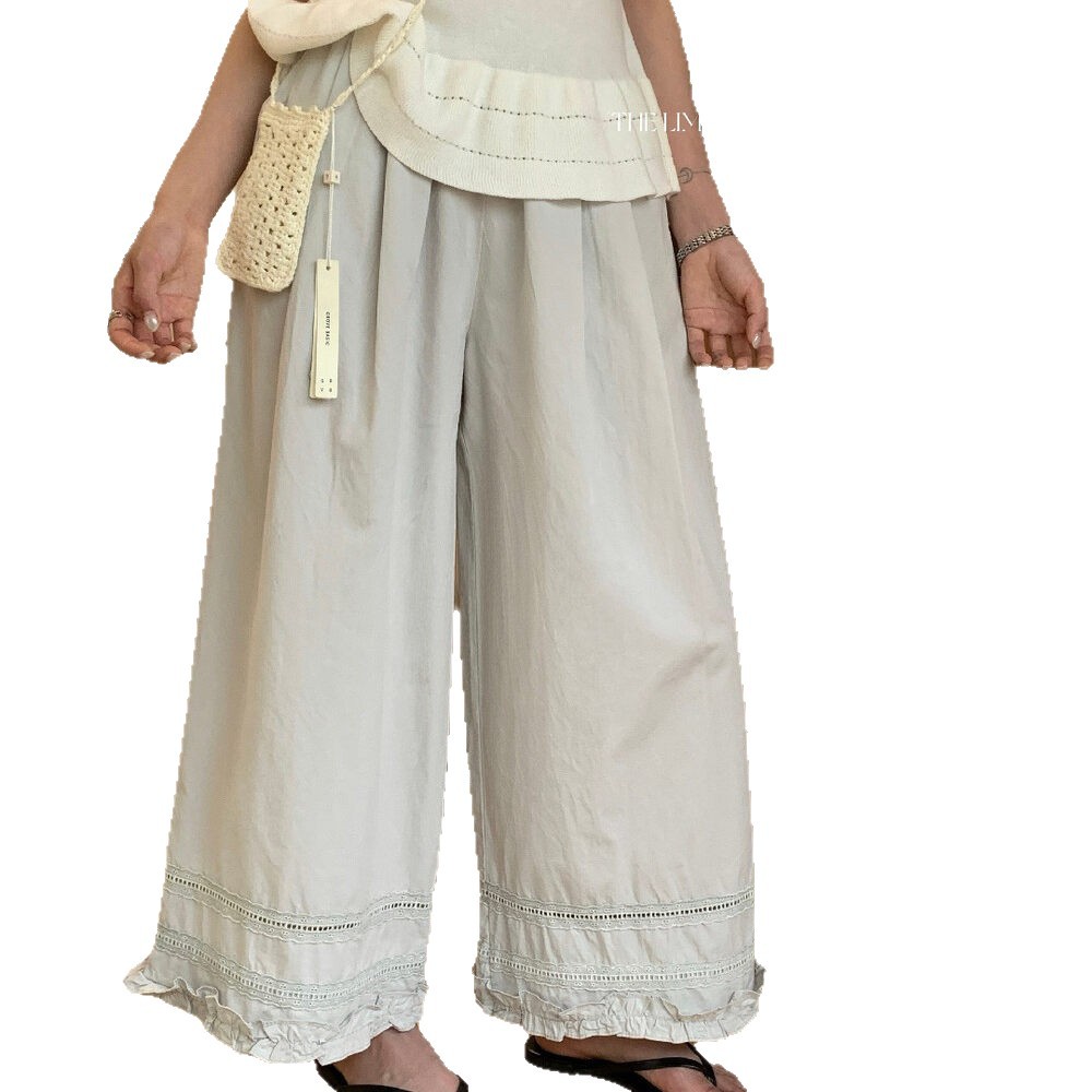 Quần culottes nữ ống rộng cạp cao chun, thiết kế viền ren bèo nhún, dáng suông 9 phân, phù hợp mùa xuân hè — màu đen, Xanh đen, Xanh da trờicolor, màu trắng