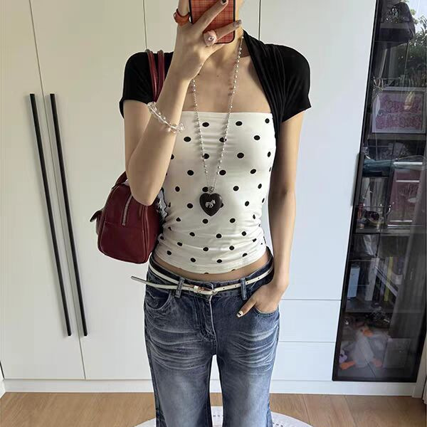 Yeyuan American-style spicy girl polka dot short-sleeve T-shirt for women, summer slim-fit retro versatile faux two-piece top Yeyuan American-style spicy girl polka dot short-sleeve T-shirt for women, summer slim-fit retro versatile faux two-piece top
