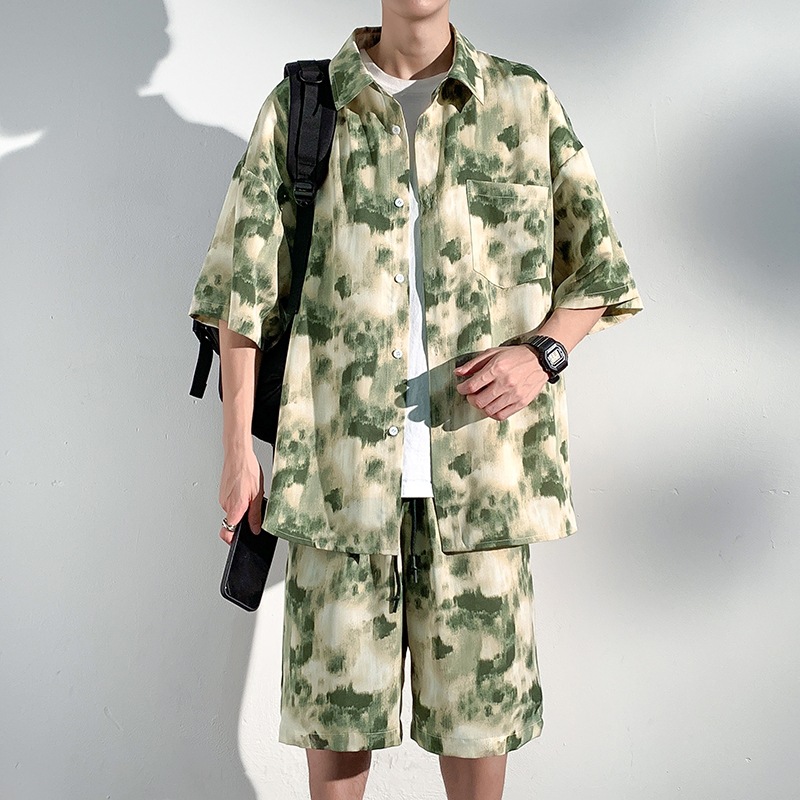 하이 퀄리티 하와이 아이스 실크 반팔 꽃 셔츠 남자 여름 새로운 유행 빠른 건조 비치 반바지 세트