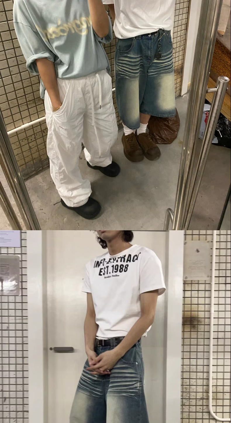 Men's Vintage Washed Blue Distressed Denim Shorts Loose Fit Streetwear Style Cargo Pants with Multi-Pockets_mkmklike.com