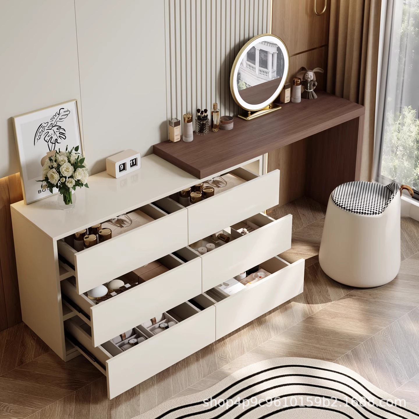 Comedor de ropa de vestir todo un armario de madera sólida dormitorio simple moderno trasera de cama retráctil de almacenamiento de mesa de maquillaje
