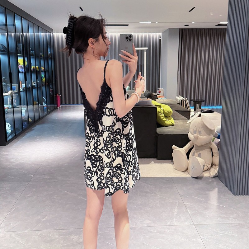 法式轻奢高级感显瘦睡衣女高级感蕾丝拼接纽结印花气质露背短裙|undefined