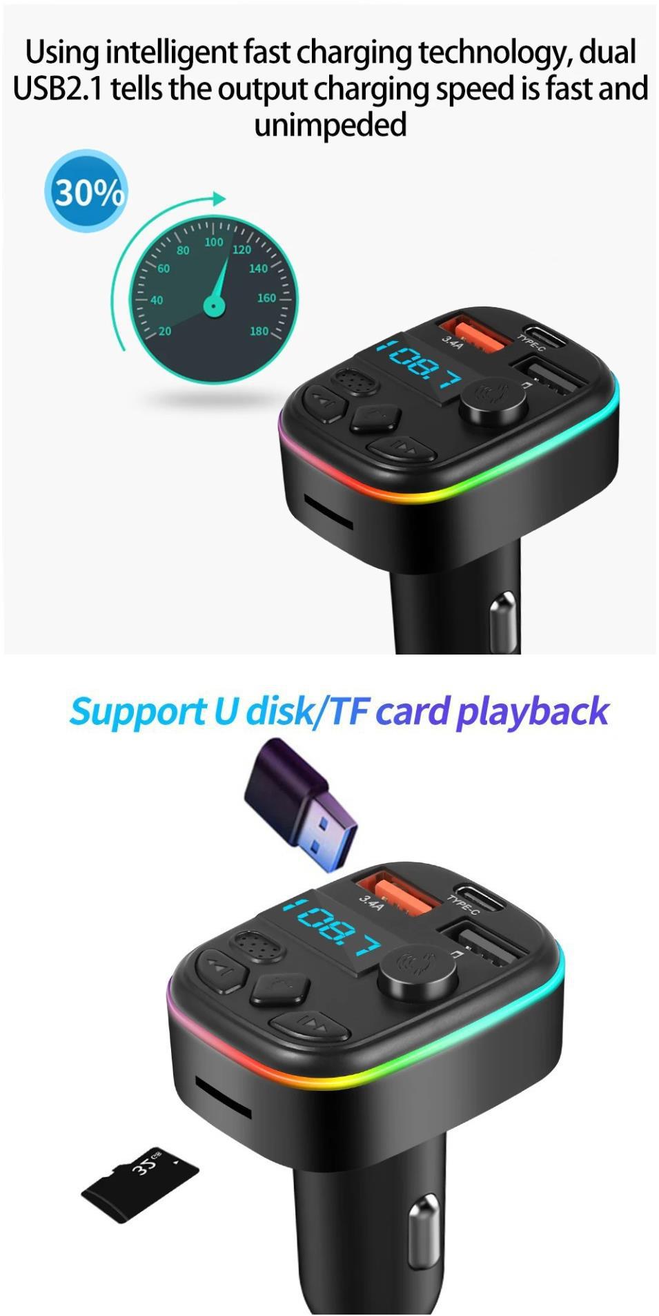 Cross-border C4 Car Bluetooth MP3 Hands-Free Call Card Playback FM Transmitter 3A Bluetooth Car Charger Source Factory