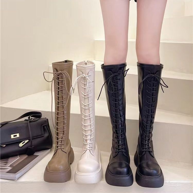 Long Boots for Women, 2022 Autumn and Winter New White Thick-Soled Boots, Thick-Leg Lace-Up High Martin Boots Long Boots for Women, 2022 Autumn and Winter New White Thick-Soled Boots, Thick-Leg Lace-Up High Martin Boots