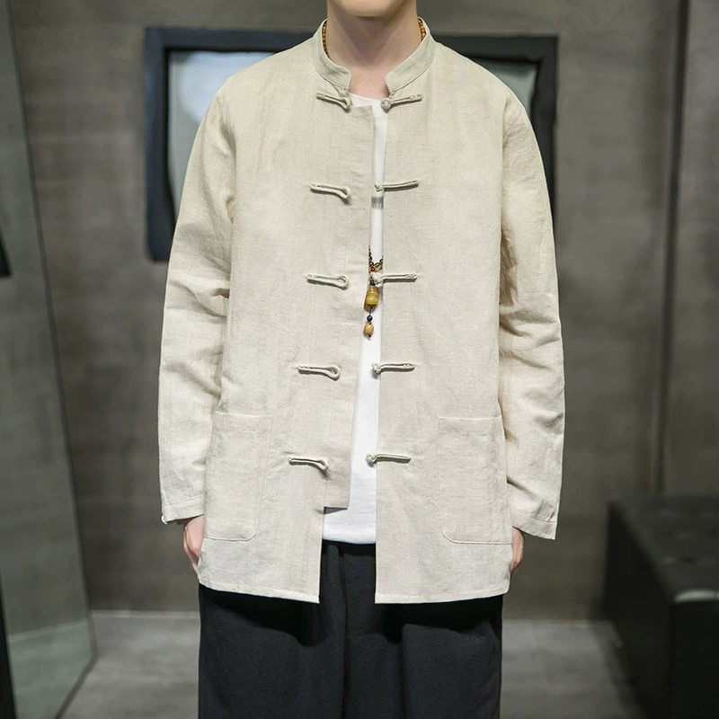 Льняная куртка-рубашка с длинным рукавом, Мужская Осенняя мужская рубашка в китайском стиле, Мужской Хлопковый льняной костюм Тан с воротником в китайском стиле, Топ