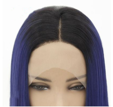 Peluca de fibra química europea y americana degradada azul oscuro hasta los hombros pelo corto liso encaje delantero peluca de fibra química casco LW0090