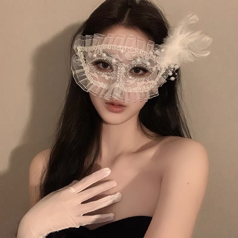 假日化妆舞会公主面具女成人派对半脸面具白色羽毛半脸眼罩道具|undefined