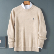 100%纯羊毛衫男圆领加厚小方格提花时尚百搭针织衫休闲纯色毛衣