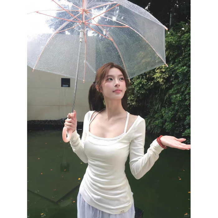 纯欲风甜辣妹两件套叠穿白色长袖t恤女秋季2025新款修身收腰上衣|undefined
