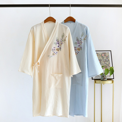 Candy color crepe cotton embroidered women's nightgown four seasons thin nightgown Chinese style Hanfu mid-length bathrobe steaming suit