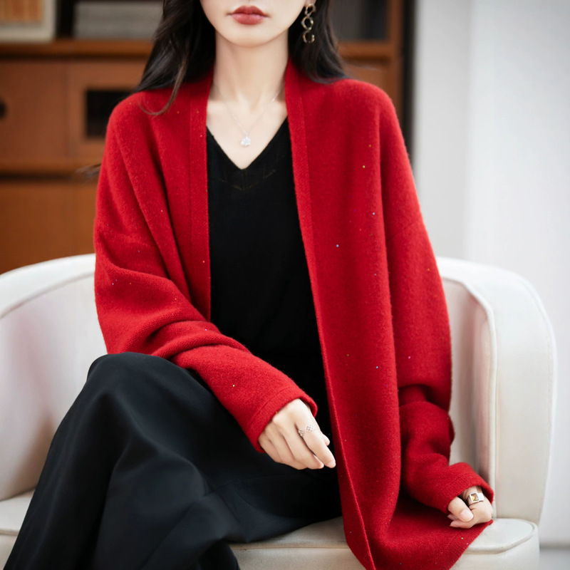 New autumn and winter 100% wool women's sequin yarn cardigan jacket, shiny knitted outerwear, stylish and versatile top New autumn and winter 100% wool women's sequin yarn cardigan jacket, shiny knitted outerwear, stylish and versatile top