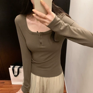 修身气质短款长袖T恤女秋冬2023新款小个子百搭显瘦短款内搭上衣