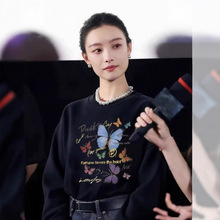 日本代购倪妮同款黑色圆领卫衣女秋冬加绒加厚韩版宽松设计感上衣