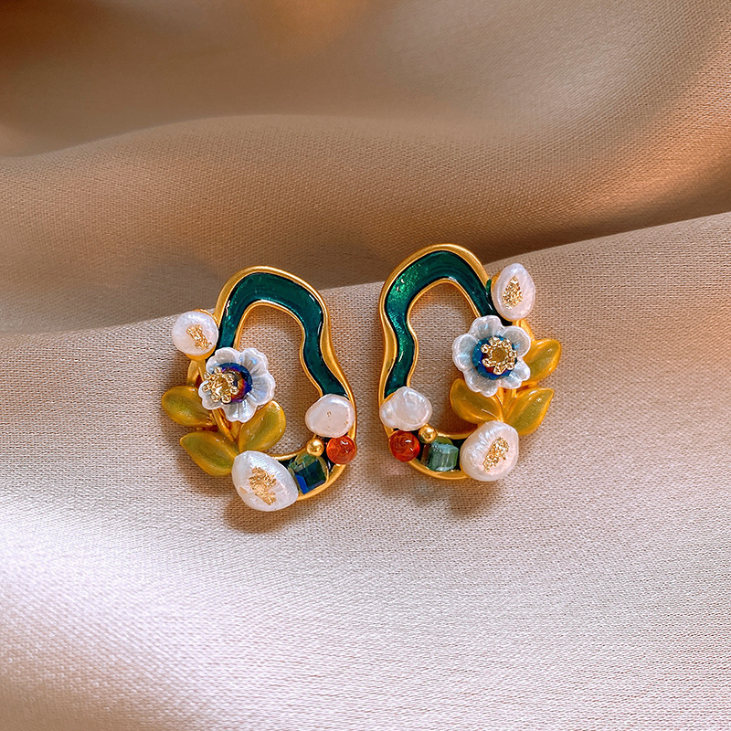 Monet Garden Pintura al óleo Pendientes de perlas de flores de viento Pendientes de lujo ligero de alta calidad Pendientes frescos dulces franceses mujeres