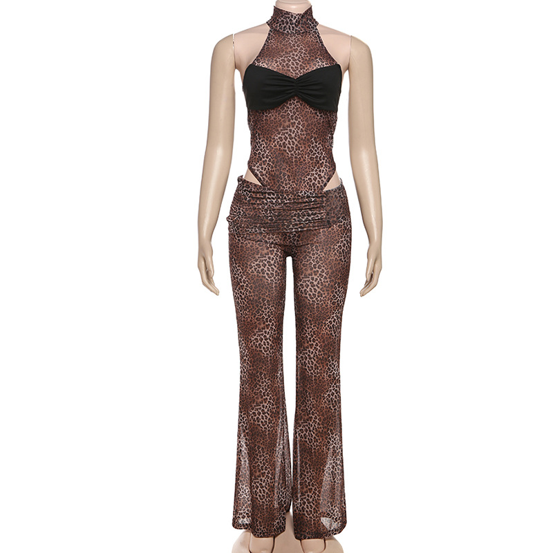 Spring Sexy Waist Trimming Contrast Color Sleeveless Leotard High Waist Leopard Print Trousers Two Piece Sets