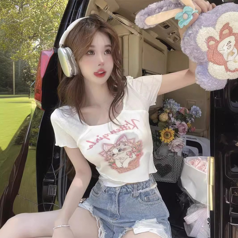 Sweet Spice Girl Cat Printed Square Collar Short T-shirt Women's Summer Slim-fit Slimming Shoulder Short-sleeved High Waist Navel Top
