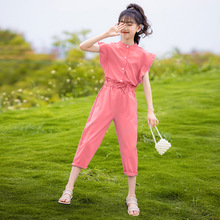 跨境童装2021夏款韩版女童套装中大童纯色小飞袖上衣七分裤两件套