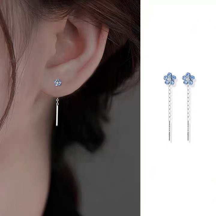 ต่างหูลายดอกไม้ประดับเพชรสีน้ำเงินชุบเงิน925สำหรับผู้หญิงต่างหูระดับไฮเอนด์ขนาดเล็กและประณีตแบบใหม่ปี2025