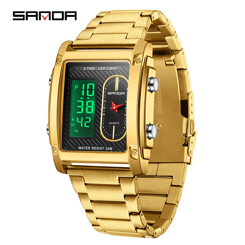 Sanda reloj electrónico de moda para hombres creativo reloj electrónico de doble movimiento multifuncional reloj de cuarzo eléctrico impermeable