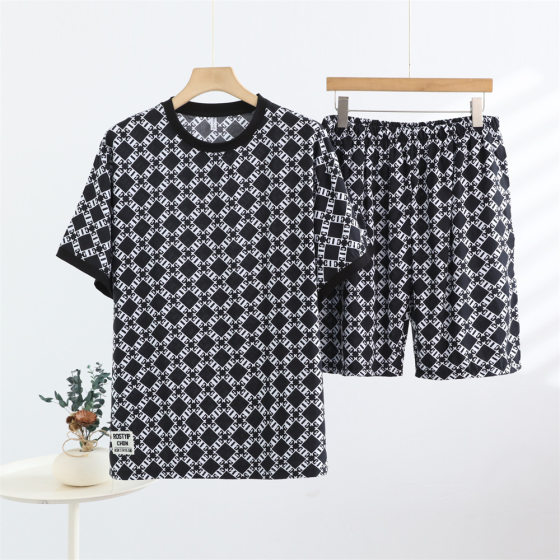 Cotton Silk Short-sleeved T-shirt Shorts Pajamas suit Men's Top Half Pants Thin Artificial Cotton Home Clothes Two-piece Set