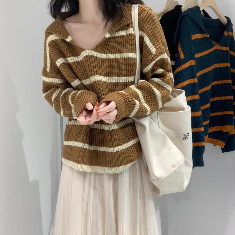 Striped Navy Collar Pullover Sweater Women's V Neck Design Top Large Collar Personalized Bottoming Shirt Cross-Border Autumn Ins