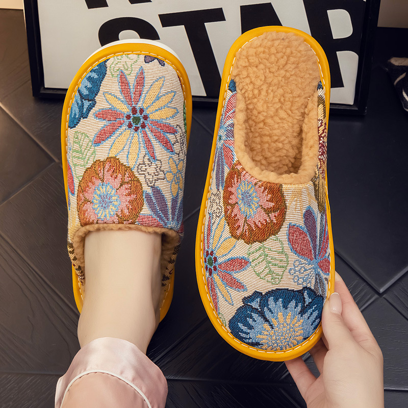 Home Non-Slip Cotton Slippers, Thickened for Guesthouses, Winter Linen Indoor Floor Plush Warm Slippers for Men and Women, Mom Slippers