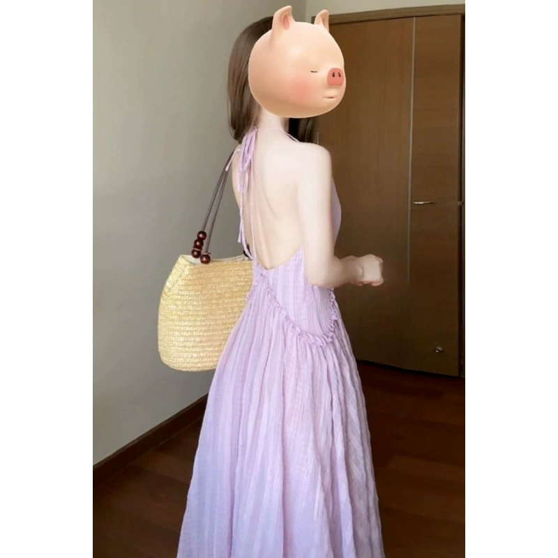Платье больших размеров фиолетового цвета без рукавов с воротником-халтер и подтяжками, красивая длинная юбка во французском стиле для отдыха на море, закрывающая живот