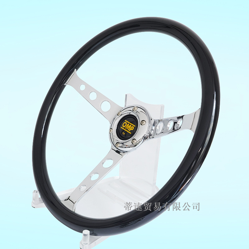 Factory direct sales OMP modified glossy black round hole 15inch steering wheel 380mm concave electroplated universal hole spacing 70mm