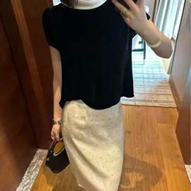 深圳南油新款短袖版醋酸拼接领真丝丝绒上衣时尚短袖柔润