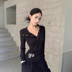 美式街头连帽长袖t恤女夏季薄款朋克防晒罩衫修身显瘦黑色上衣tee