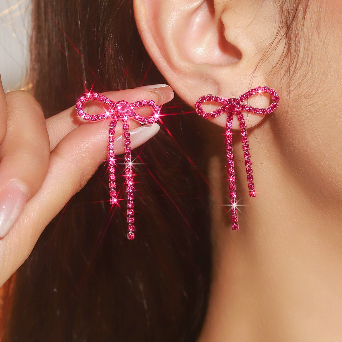 Серьги DINGKA бант с rhinestone, медь с серебряным покрытием, 4.4×2.7 см, 7.3 г