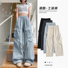 实拍 工装裤女秋冬2025新款高腰垂感大口袋休闲裤阔腿美式运动裤