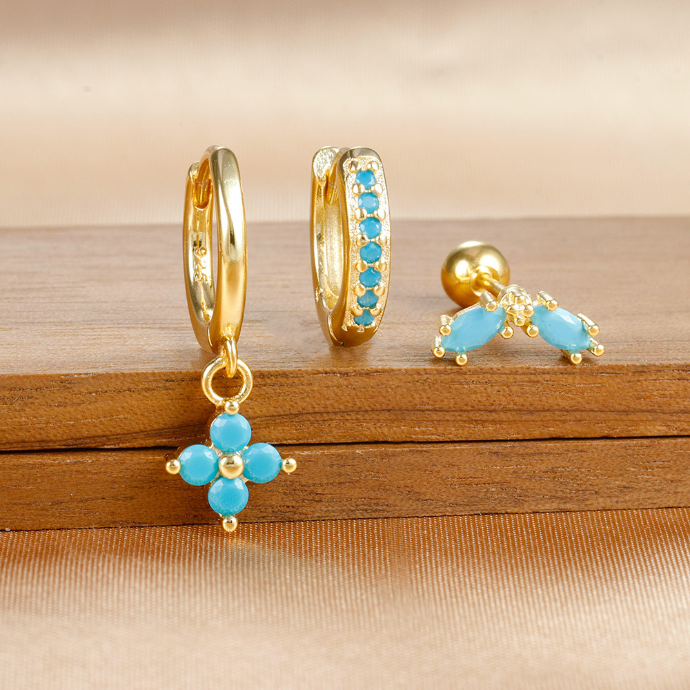 Cross-border Hot-selling Flower Earrings Pine-blue Stone Earrings High-end Light Luxury Zircon Earrings Ins Style Set Earrings