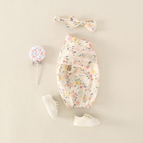 0-2 years old baby thin summer 2024 new girl baby retro floral cheongsam with headband for outdoor wear