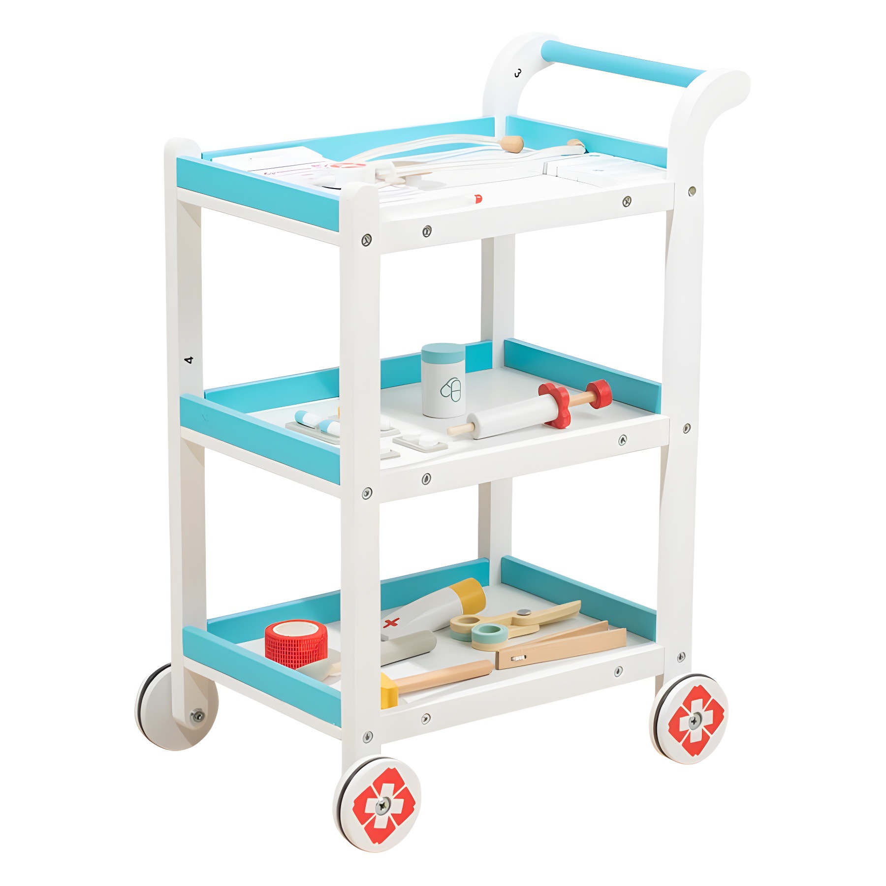 어린이 나무 의료 카트 휴대용 휴대용 의사 장난감 세트 바늘 나무 병원