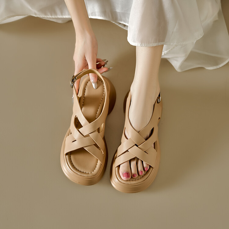 Sandal da cừu đế dày hở ngón tăng chiều cao nữ — Màu bạc, Màu mơ chi tiết 45