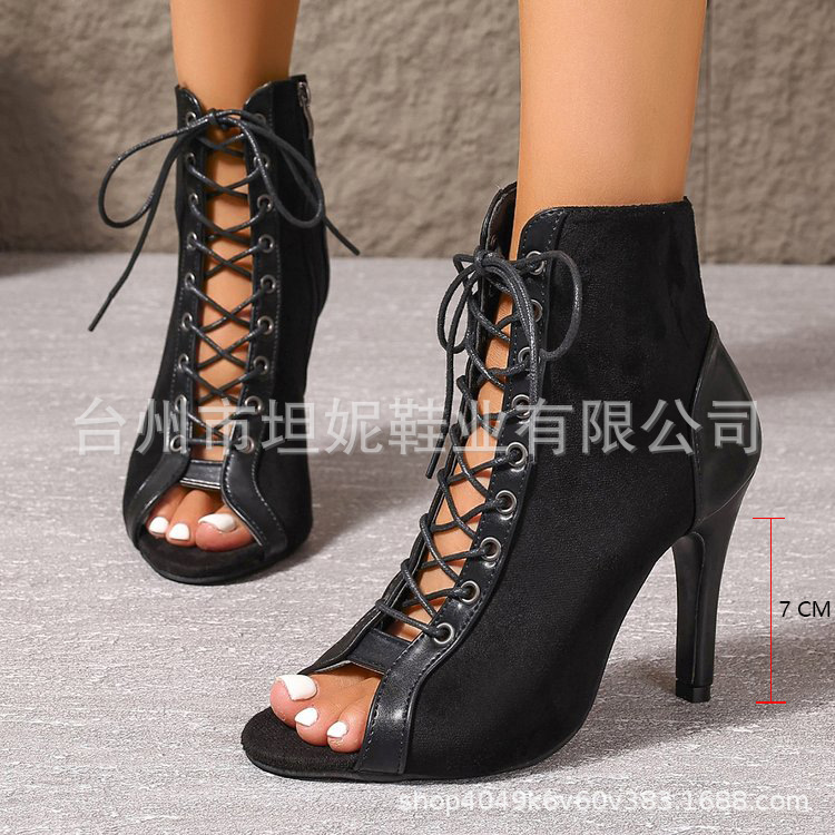 Comercio exterior europeo y americano botas frías de lazos mujeres otoño hueco tacones altos temperamento de baile botas frías tacones altos