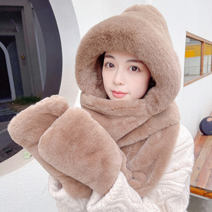 Hat Women's Winter Cold-proof Scarf One-piece Warm Thickened Plush Riding Hat One-piece Scarf Gloves Three-piece Hat